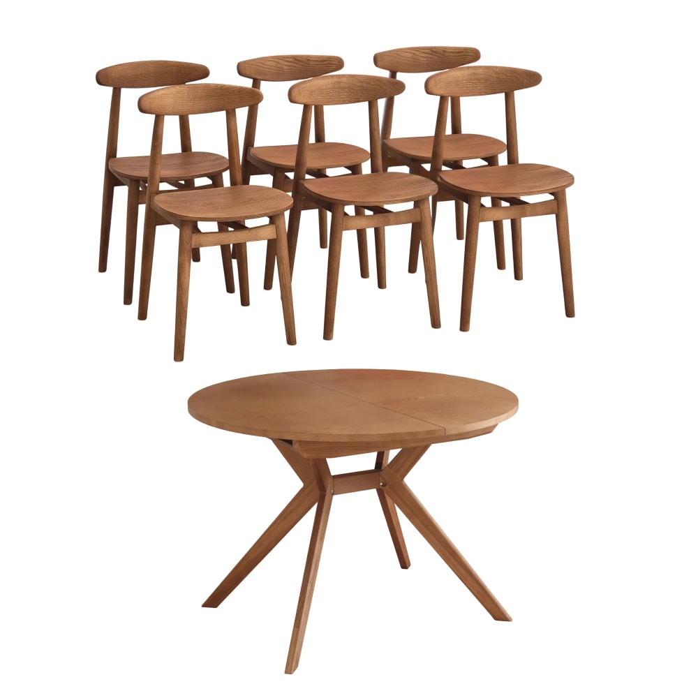Ragaba Runder ausziehbarer Tisch 120 cm mit 6 Stühlen, Farbe Eiche style modern Braun Holz