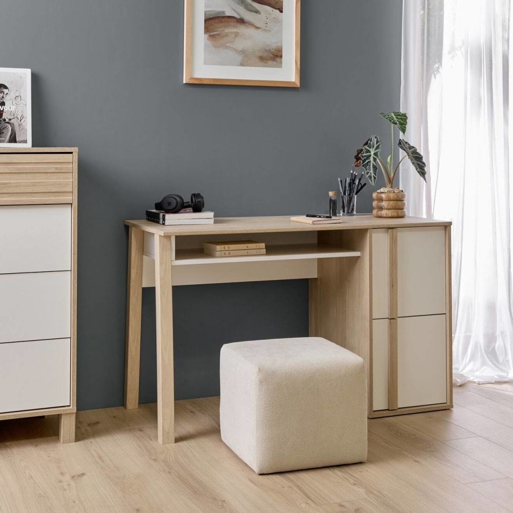 Bureau 2 portes effet bois clair et blanc h76