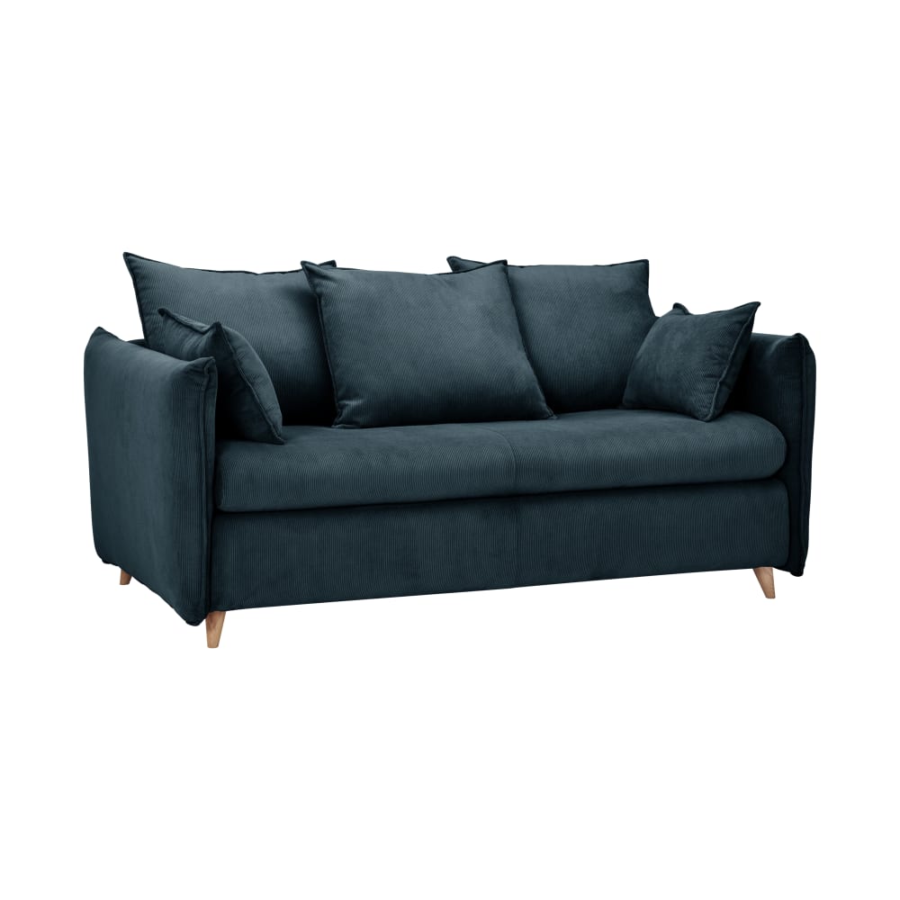 Canapé convertible velours côtelé couchage 140x190 cm bleu prusse