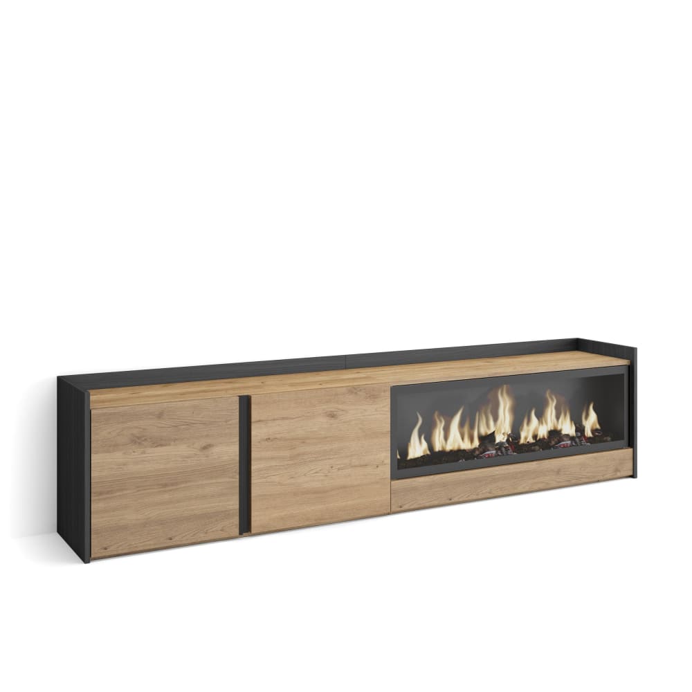 Meuble tv effet bois de chêne et noir 212x35x50cm cheminée effet feu