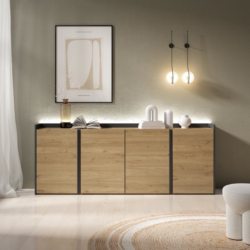 Skraut home Sideboard Holzeffekt eiche und schwarz 207x35x80cm mit Led style modern Beige Spanplatte