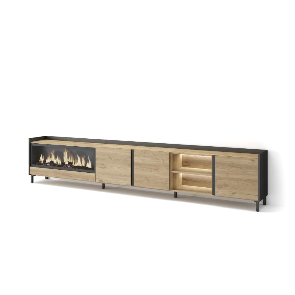 Meuble tv effet bois de chêne et noir 315x35x61cm cheminée effet feu