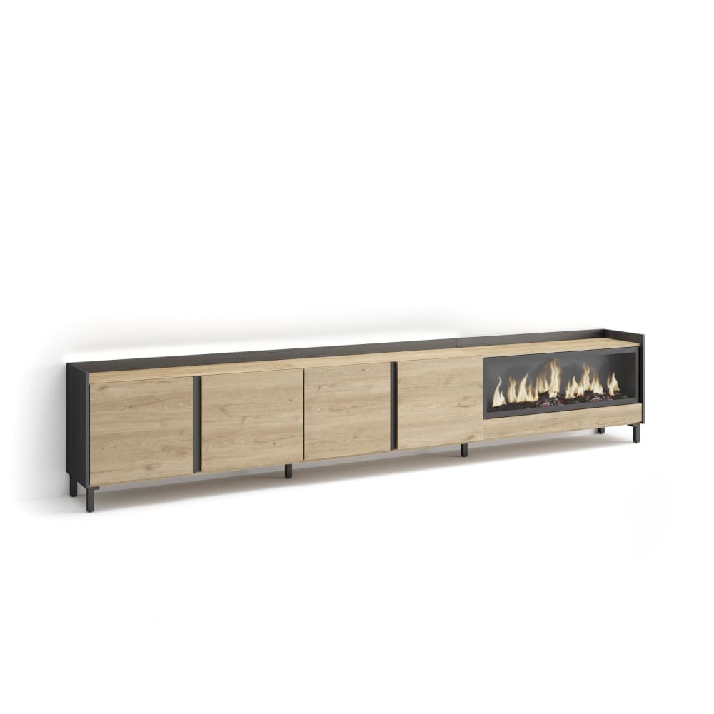 Meuble tv effet bois de chêne et noir 315x35x61cm cheminée effet feu