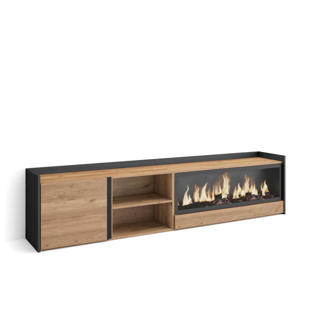Meuble tv effet bois de chêne et noir 212x35x50cm cheminée effet feu