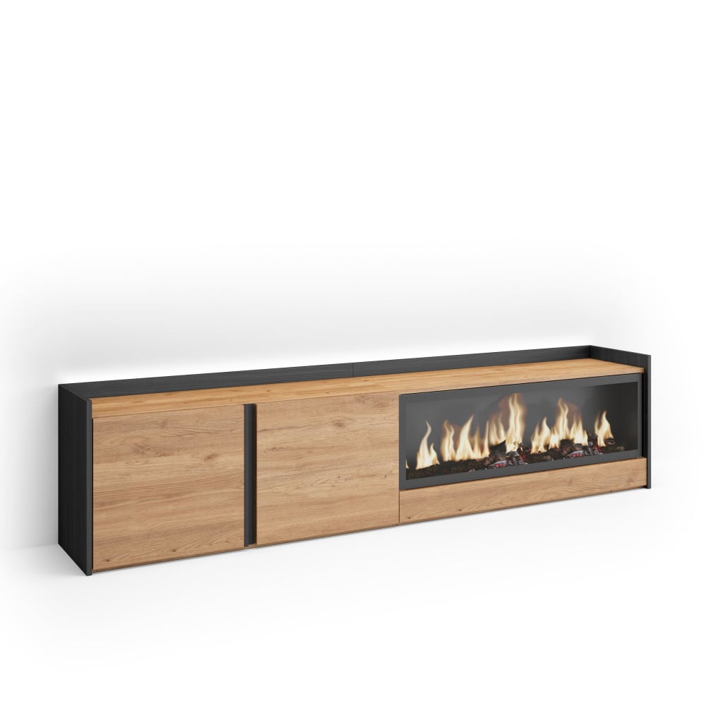 Meuble tv effet bois de chêne et noir 212x35x50cm cheminée effet feu
