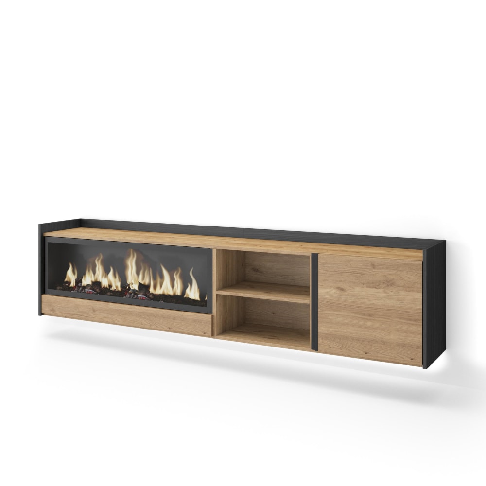 Meuble tv effet bois de chêne et noir 212x35x50cm cheminée effet feu
