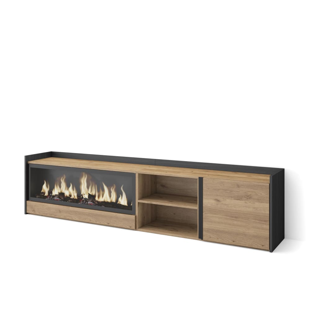 Meuble tv effet bois de chêne et noir 212x35x50cm cheminée effet feu