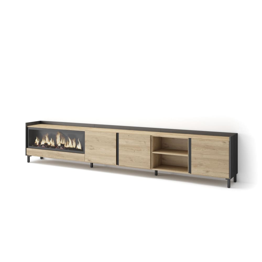 Meuble tv effet bois de chêne et noir 315x35x61cm cheminée effet feu