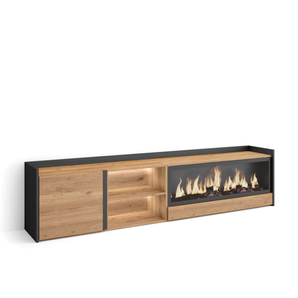 Meuble tv effet bois de chêne et noir 212x35x50cm cheminée effet feu