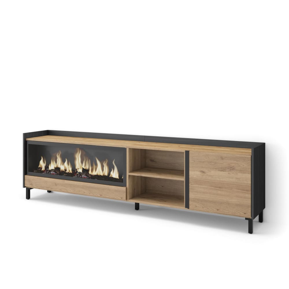 Meuble tv effet bois de chêne et noir 212x35x61cm cheminée effet feu