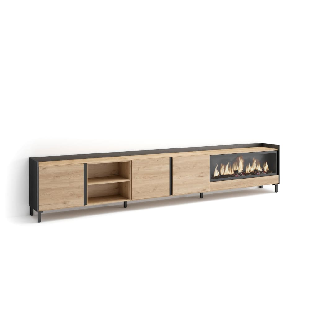 Meuble tv effet bois de chêne et noir 315x35x61cm cheminée effet feu