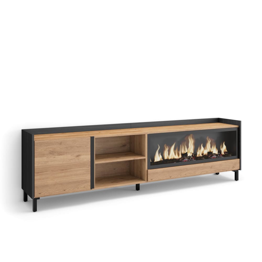 Meuble tv effet bois de chêne et noir 212x35x61cm cheminée effet feu