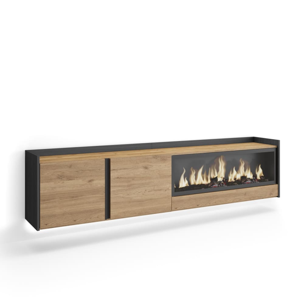 Meuble tv effet bois de chêne et noir 212x35x50cm cheminée effet feu