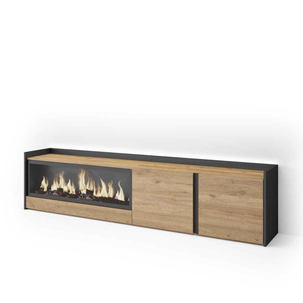 Meuble tv effet bois de chêne et noir 212x35x50cm cheminée effet feu