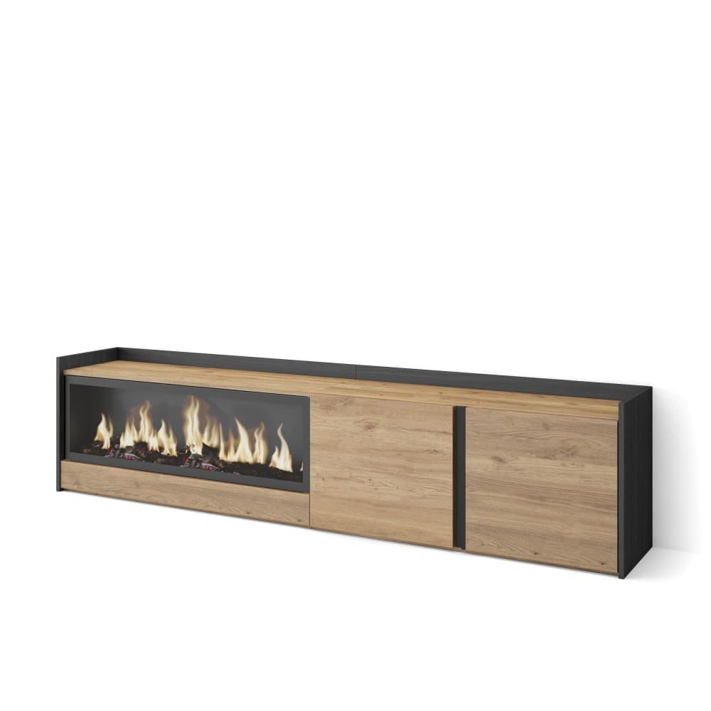 Meuble tv effet bois de chêne et noir 212x35x50cm cheminée effet feu