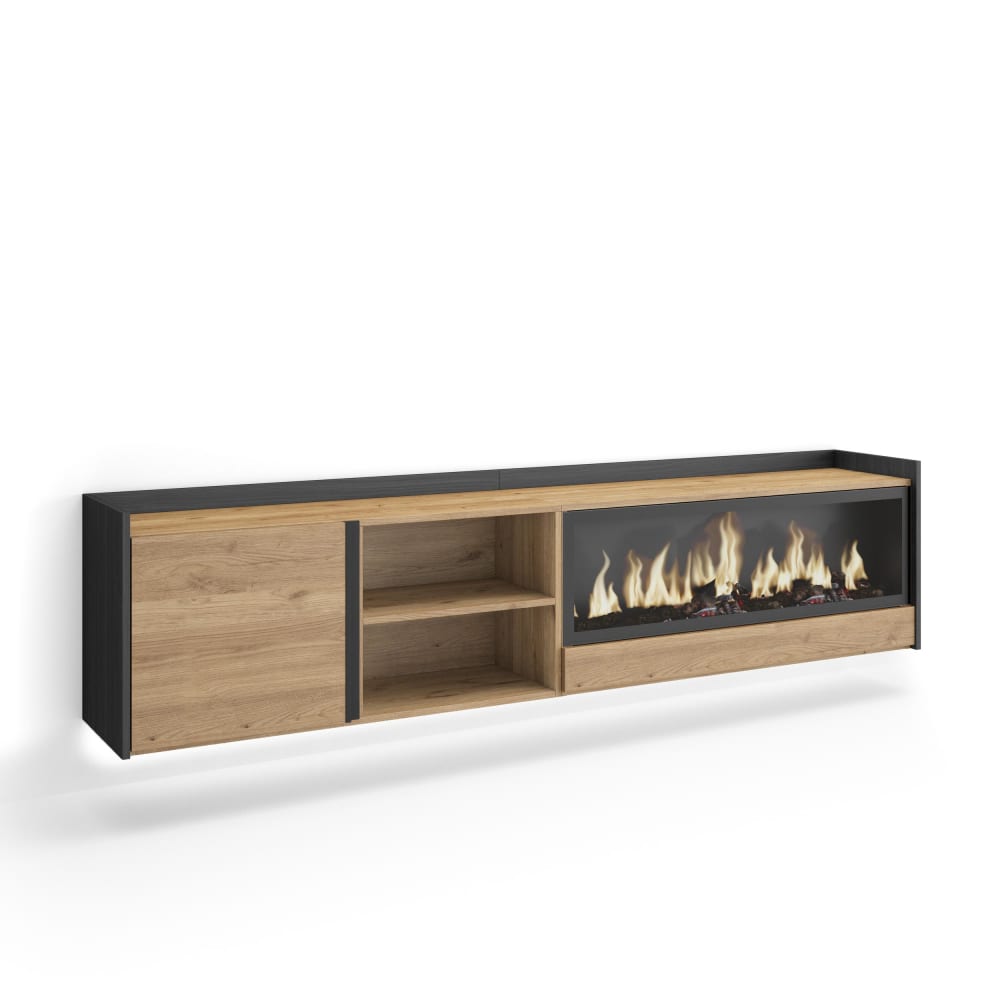 Meuble tv effet bois de chêne et noir 212x35x50cm cheminée effet feu