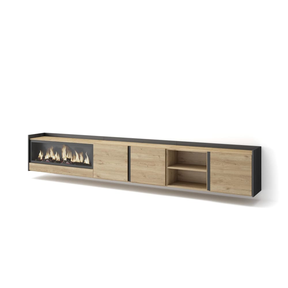 Meuble tv effet bois de chêne et noir 315x35x50cm cheminée effet feu