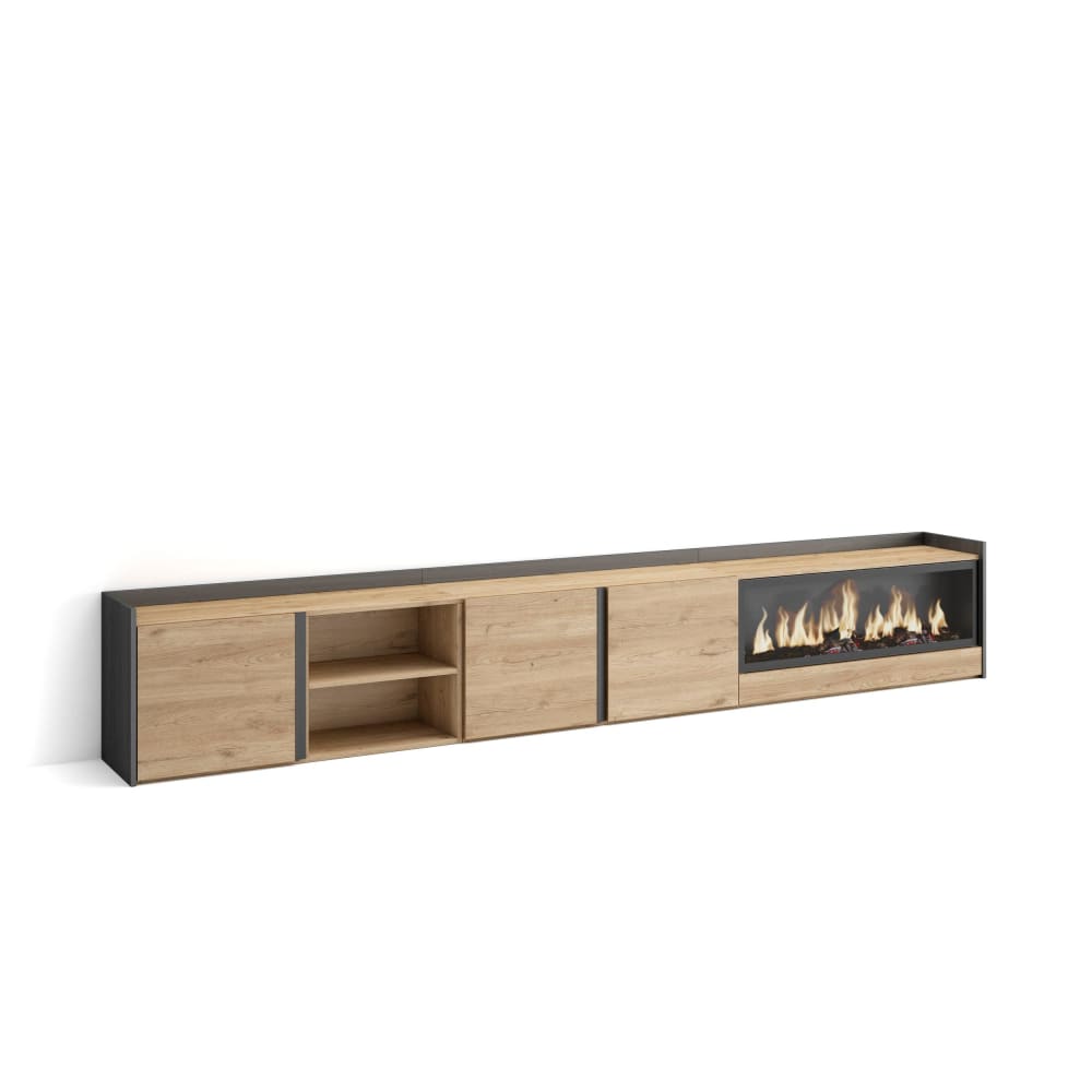 Meuble tv effet bois de chêne et noir 315x35x50cm cheminée effet feu