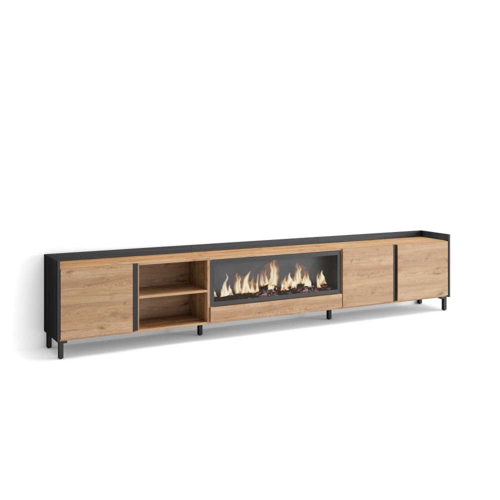 Meuble tv effet bois de chêne et noir 315x35x61cm cheminée effet feu
