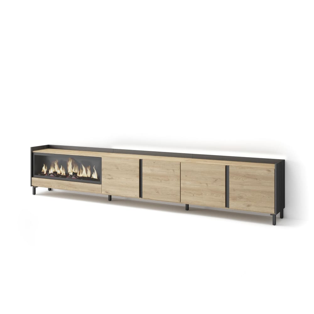 Meuble tv effet bois de chêne et noir 315x35x61cm cheminée effet feu