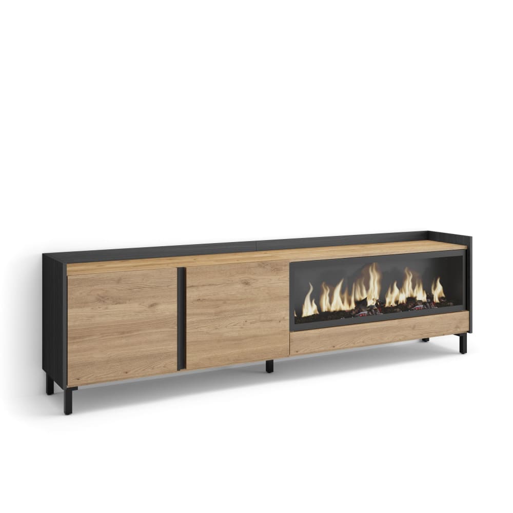 Meuble tv effet bois de chêne et noir 212x35x61cm cheminée effet feu