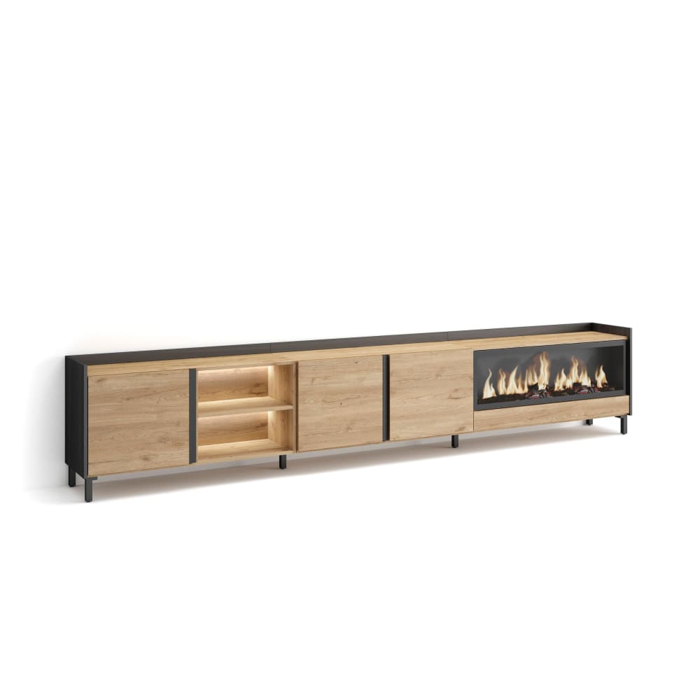 Meuble tv effet bois de chêne et noir 315x35x61cm cheminée effet feu
