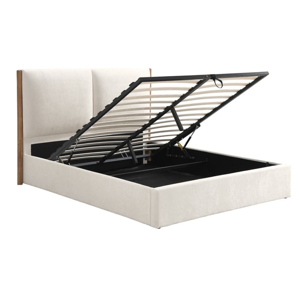 Lit double en tissu beige et bois avec coffre 140x190 cm