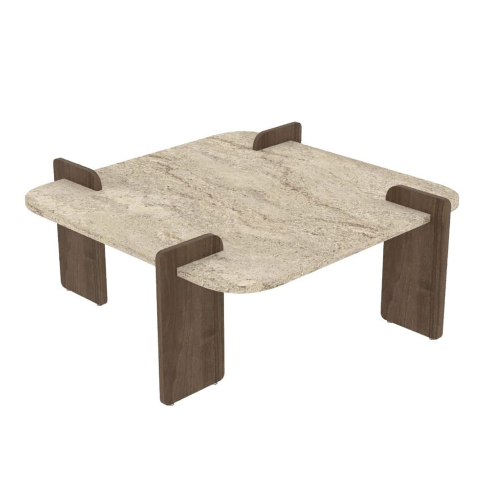 Table basse carrée beige piètement couleur bois foncé 90 cm