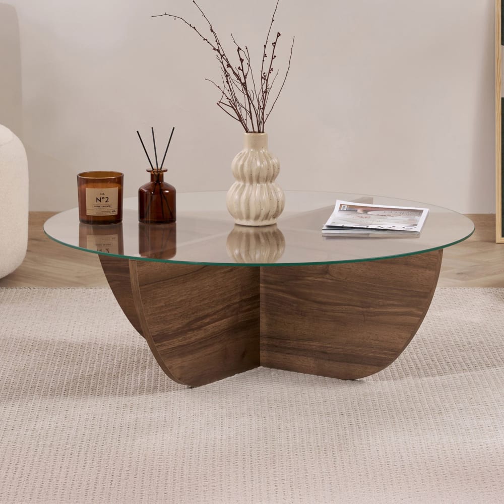 Table basse en verre piètement couleur bois foncé d90 cm