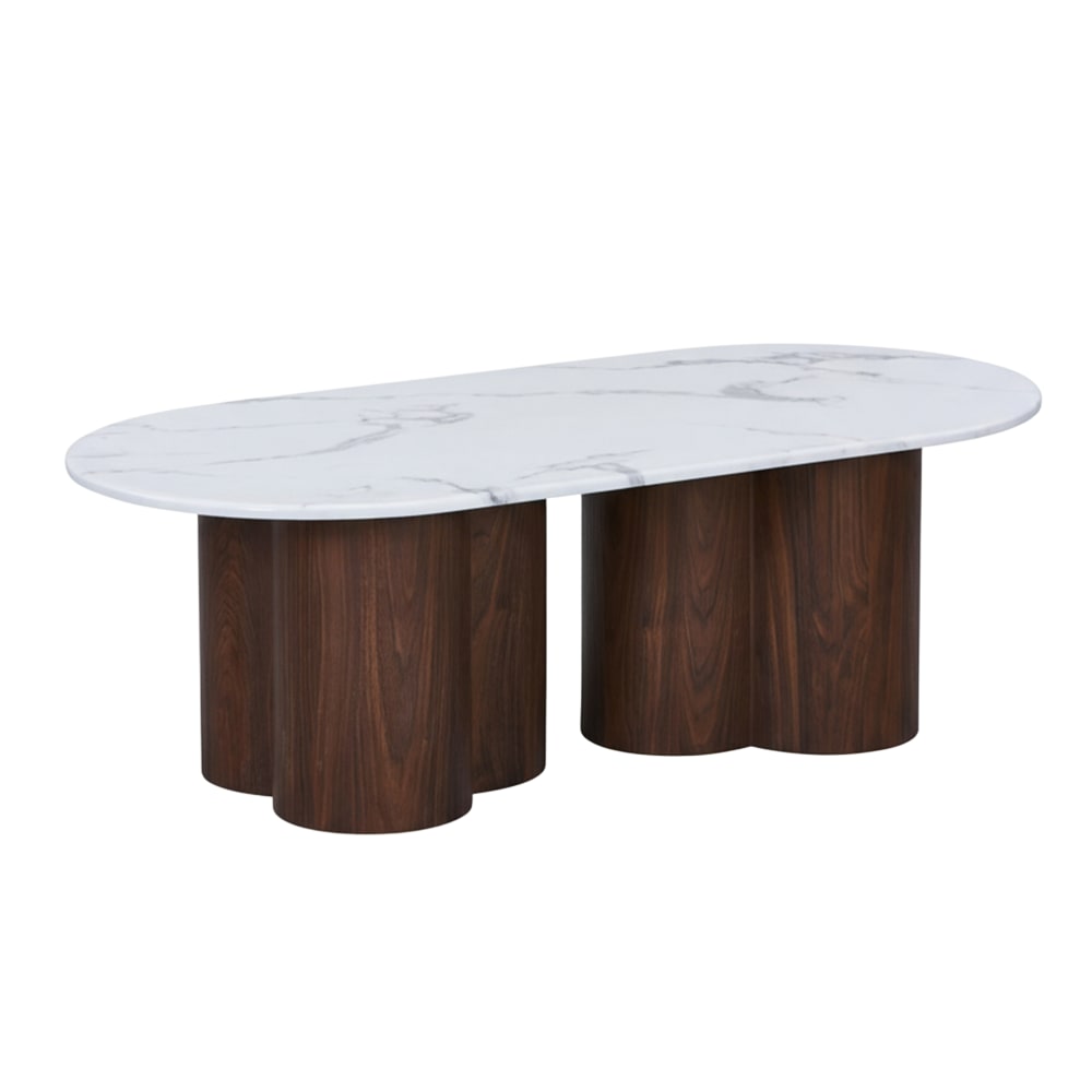Table basse ovale en marbre composite pieds couleur bois foncé 120 cm