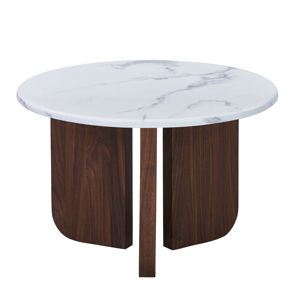 Table basse ronde en marbre composite pieds couleur bois foncé d60 cm
