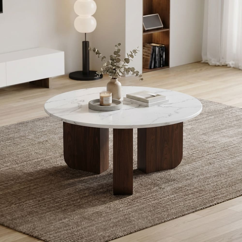 Table basse ronde en marbre composite pieds couleur bois foncé d60 cm
