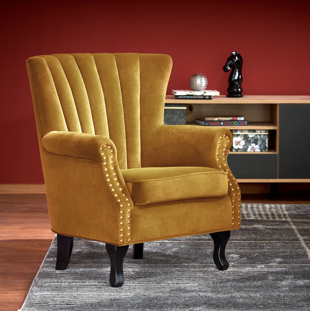 Fauteuil en velours de polyester  jaune avec accoudoirs