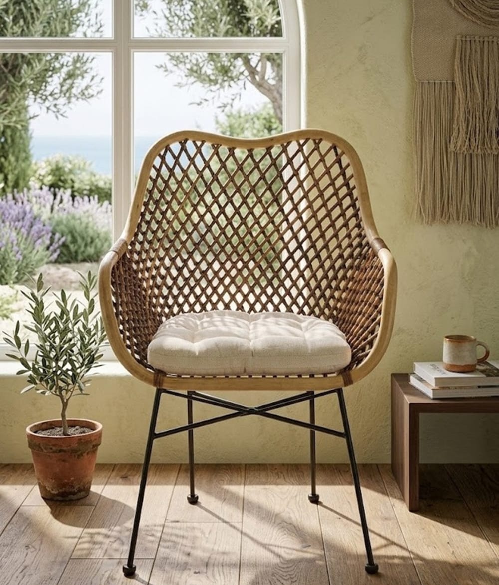 Fauteuil en rotin pieds en acier avec coussin