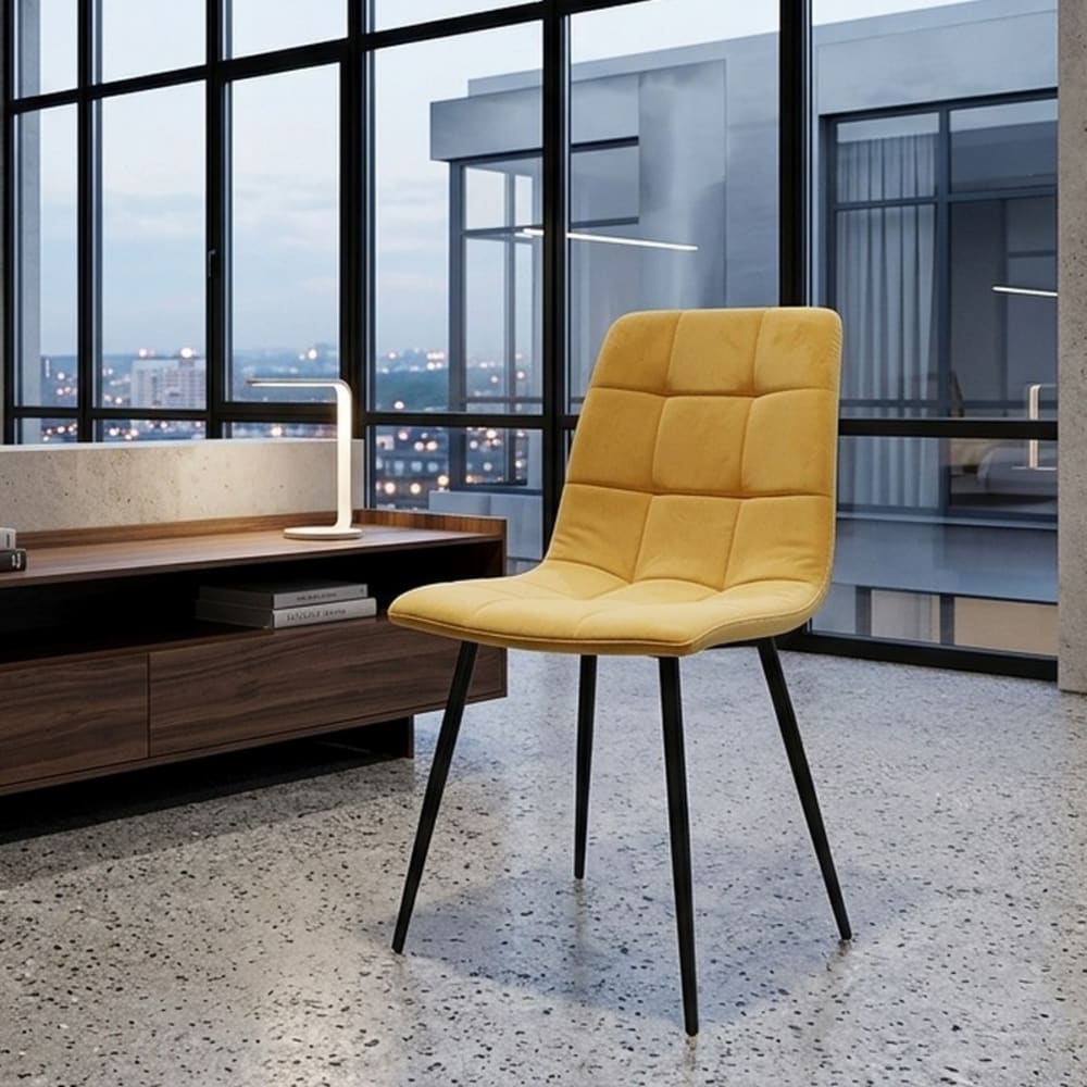Chaise design acier noir & velours de polyester jaune