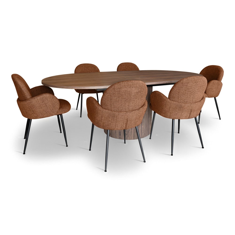 Ensemble table extensible ovale et 6 fauteuils en tissu terracotta