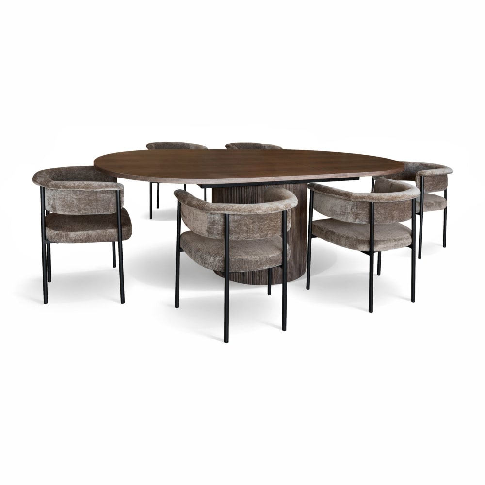 Ensemble table extensible ovale et 6 fauteuils en tissu café