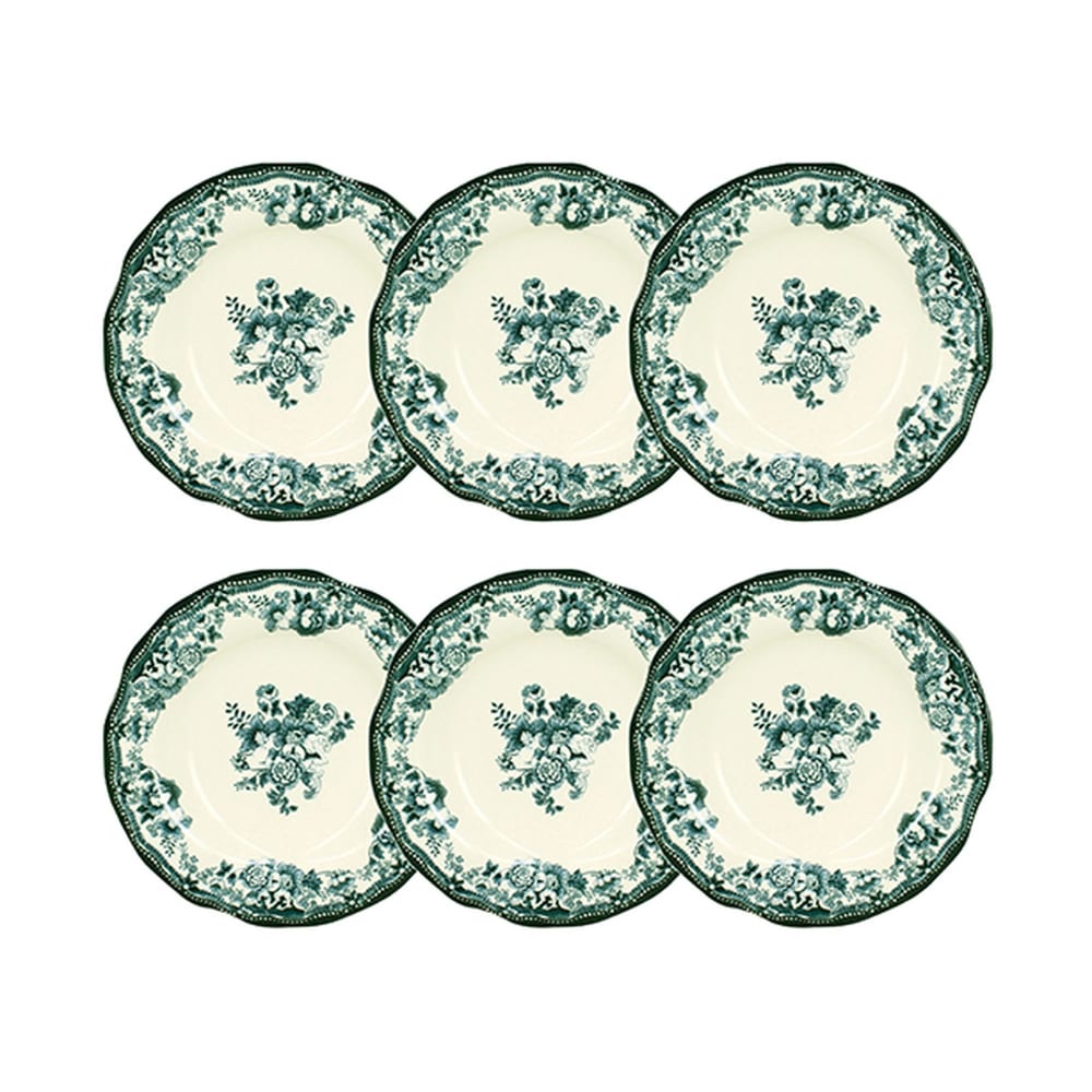 Lot de 6 assiettes creuses fleuries en grès vert 22cm Lot de 6 assiettes creuses fleuries en grès vert 22cm
