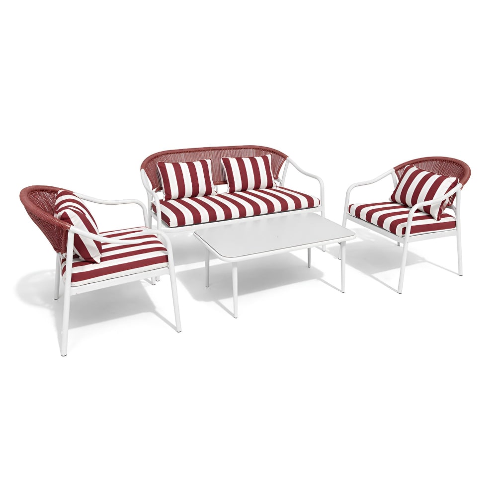 Salon de jardin 4 places en métal et coussin en tissu coquelicot
