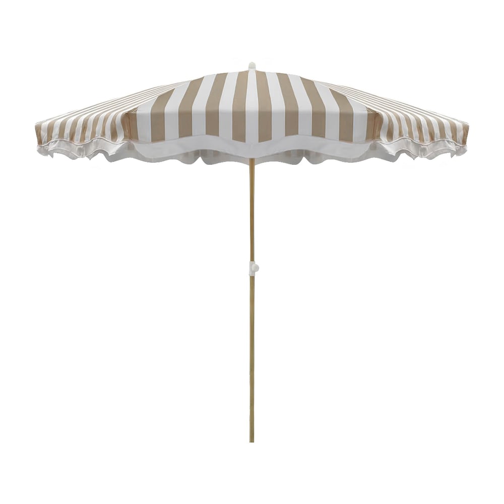 Parasol en polyester à rayure et métal imitation bois taupe