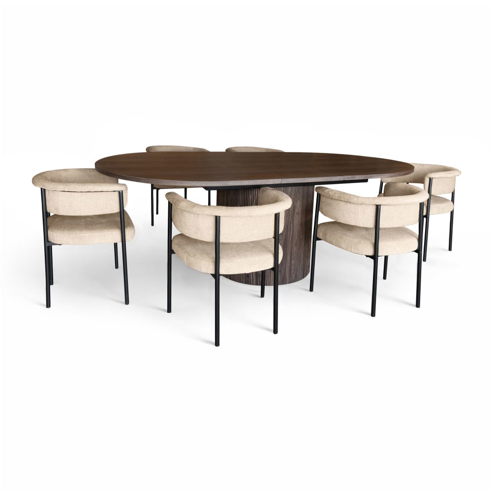 Ensemble table extensible ovale et 6 fauteuils en tissu beige