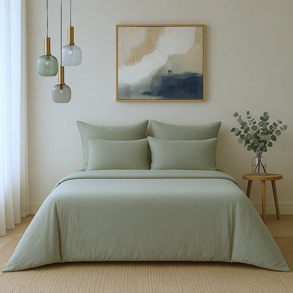 Parure + taies 65x65 satin lavé de coton bio vert céladon 200x200