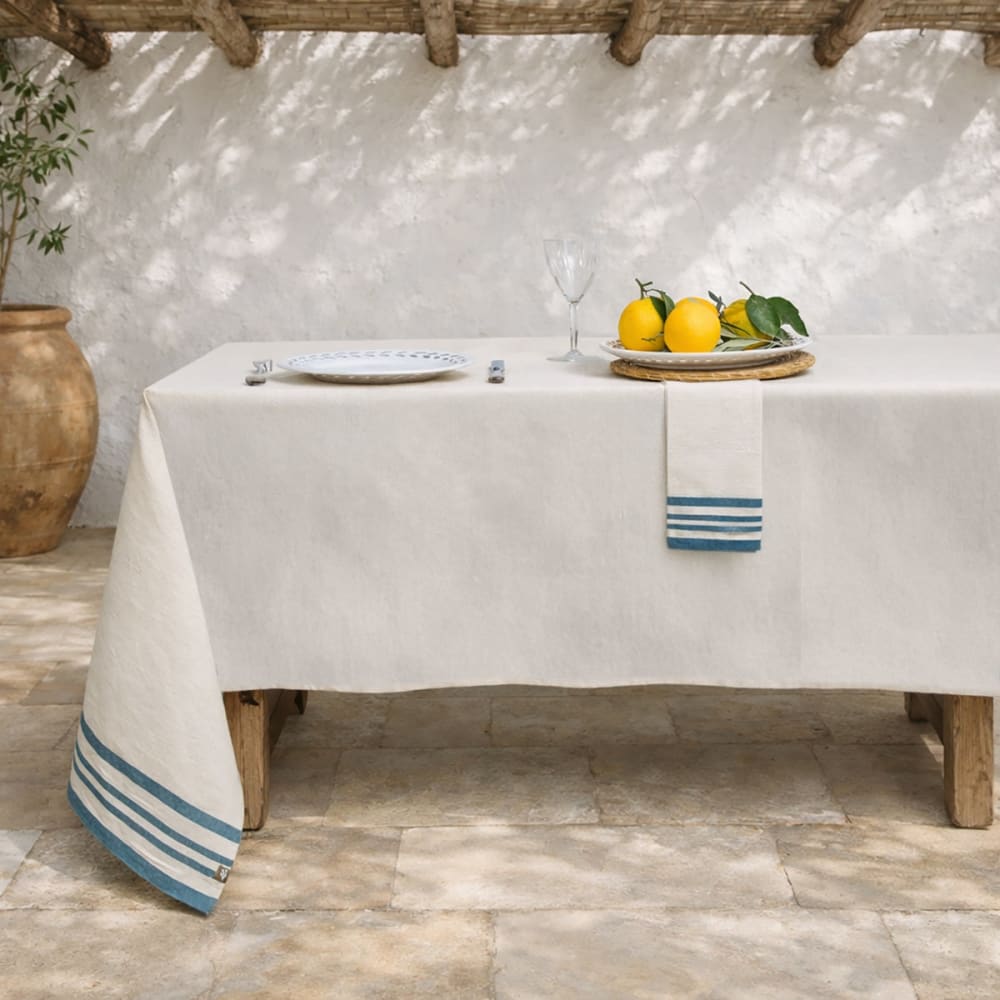 Nappe + 10 serviettes coton 180x400 beige lin & bleu pétrole — vue 3