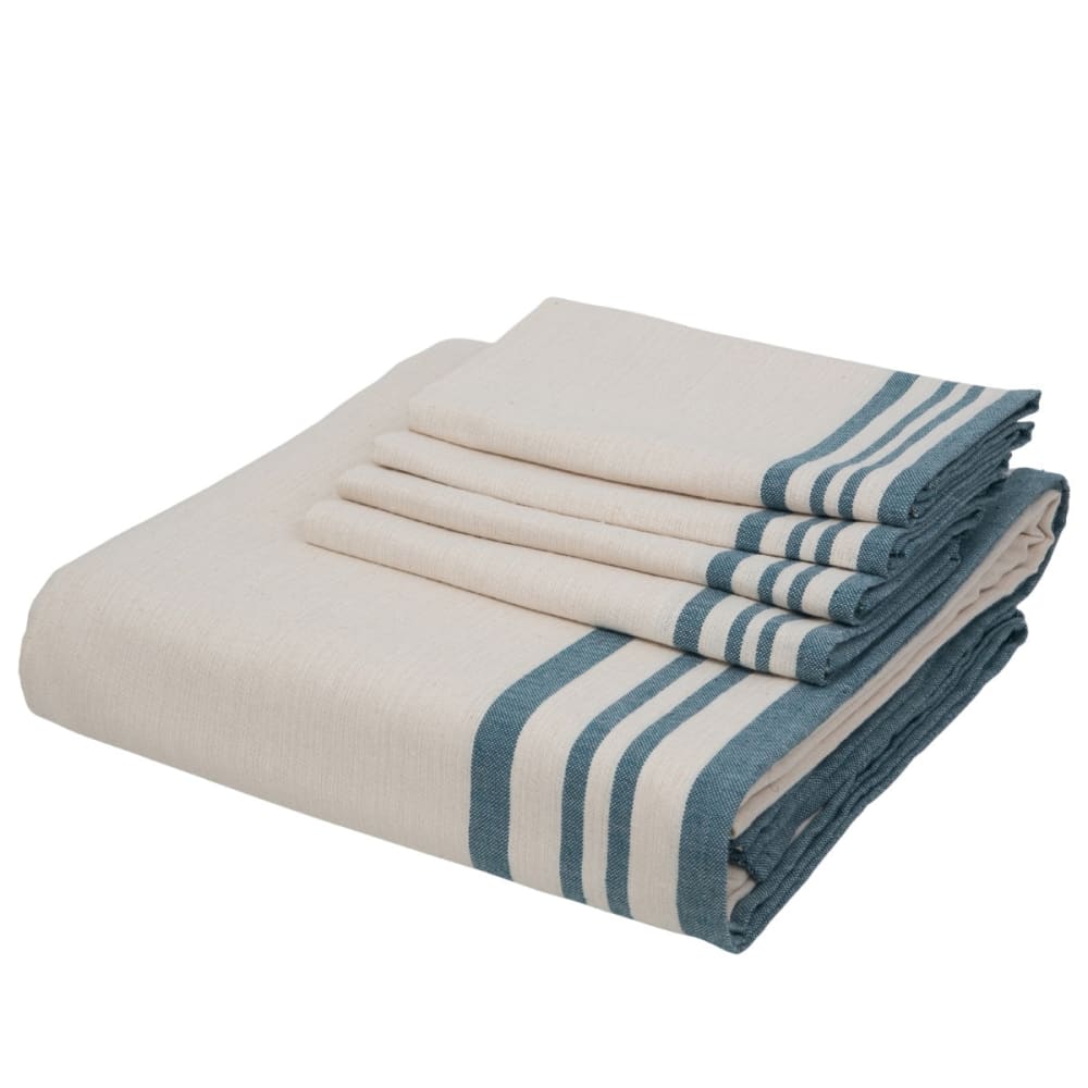 Nappe + 10 serviettes coton 180x400 beige lin & bleu pétrole — vue 4