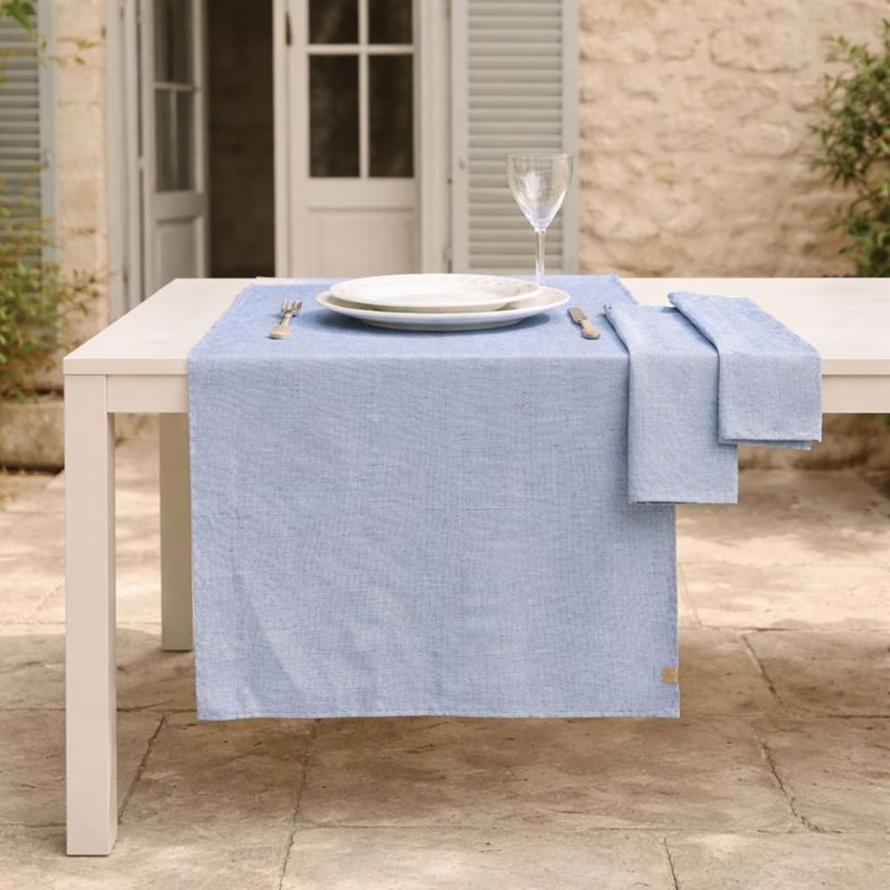 Chemin de table + 4 serviettes coton 50x150 bleu grec