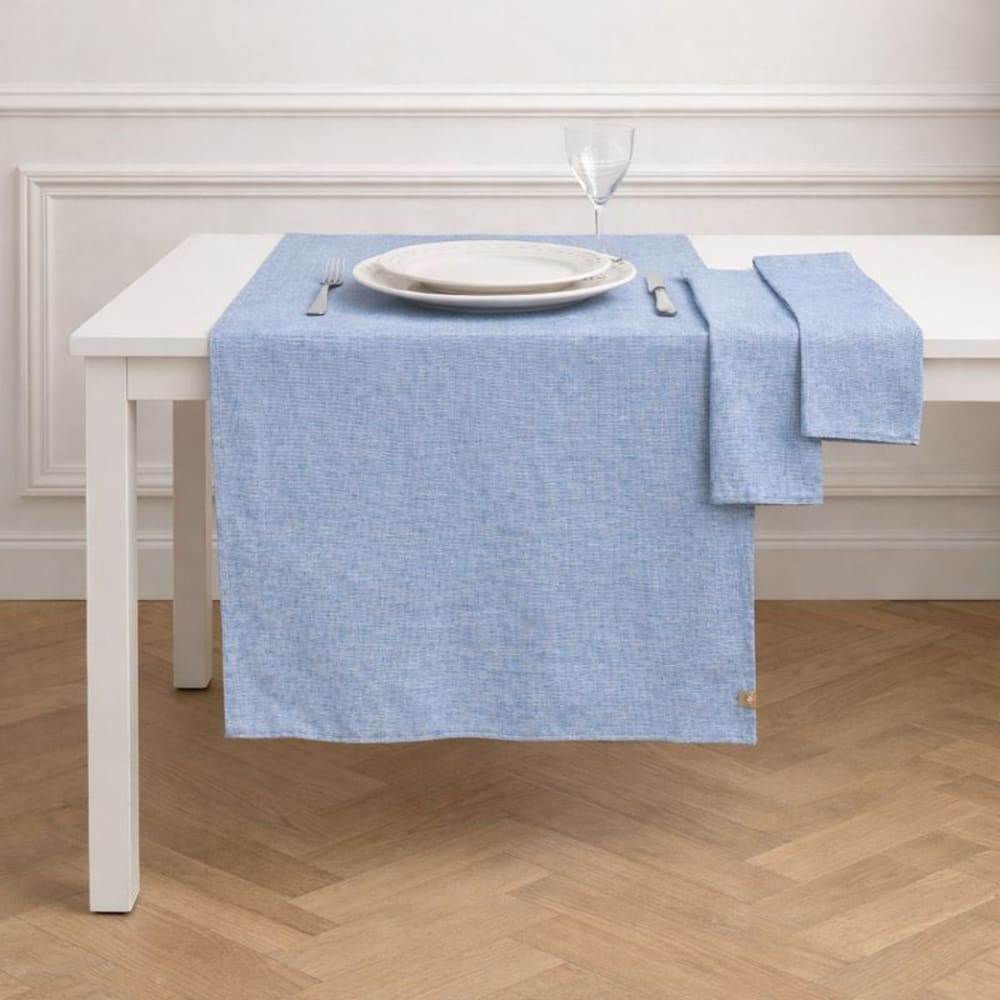 Chemin de table coton lavé 50x150 bleu grec
