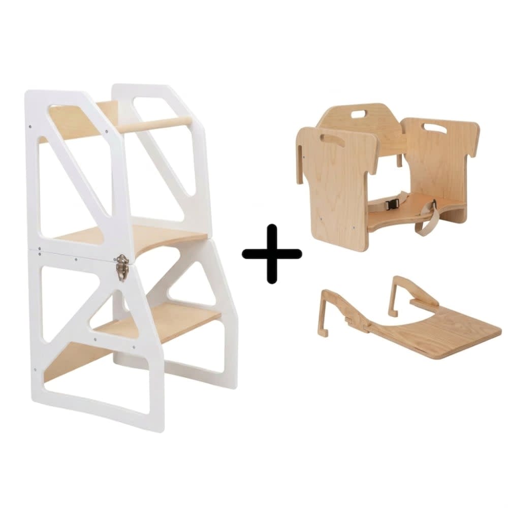 Tour d'apprentissage Montessori 4-en-1 pour enfant en bois blanc (LEG&GO) - Couverture