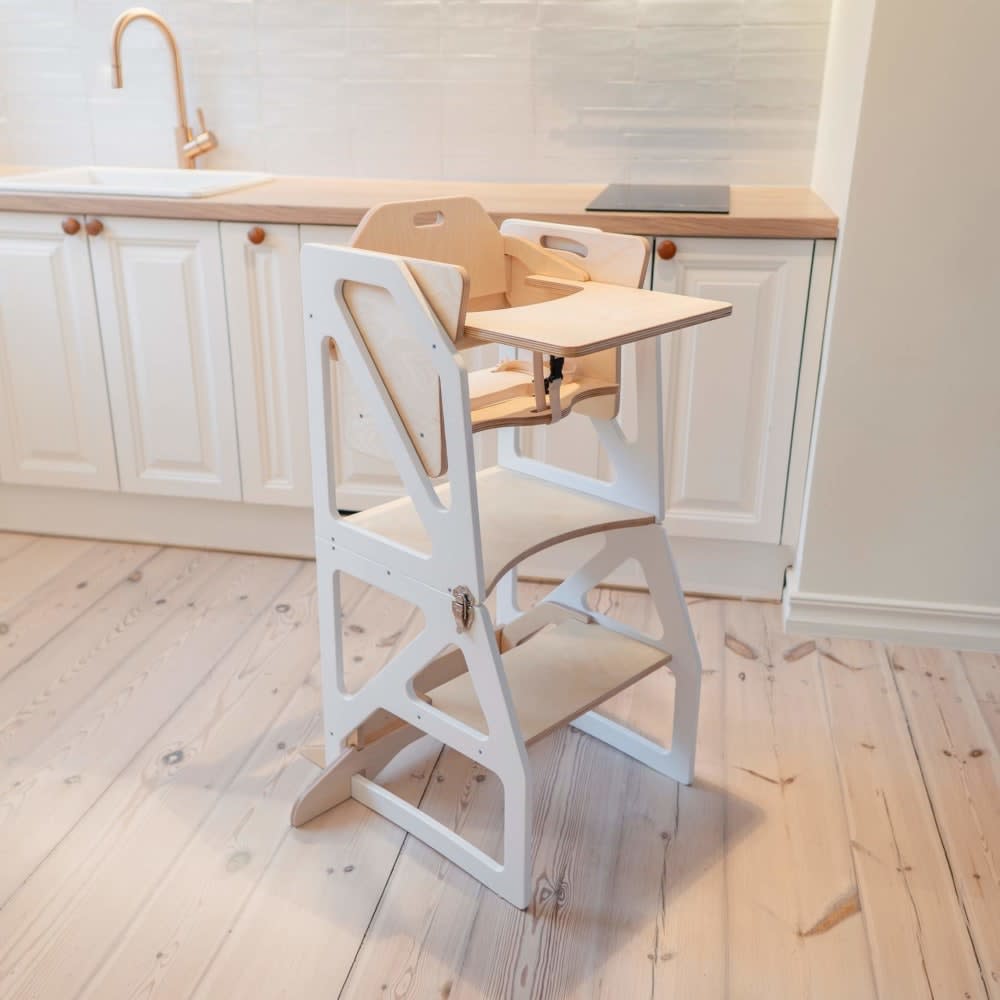 Tour d'apprentissage Montessori 4-en-1 pour enfant en bois blanc (LEG&GO) - Image 1