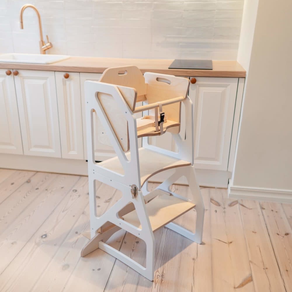 Tour d'apprentissage Montessori 4-en-1 pour enfant en bois blanc (LEG&GO) - Image 2
