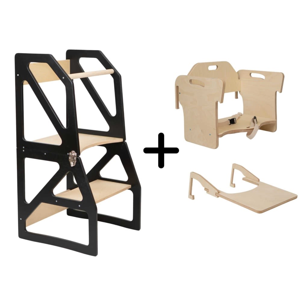 Tour d'apprentissage montessori 4-en-1 pour enfant en bois noir